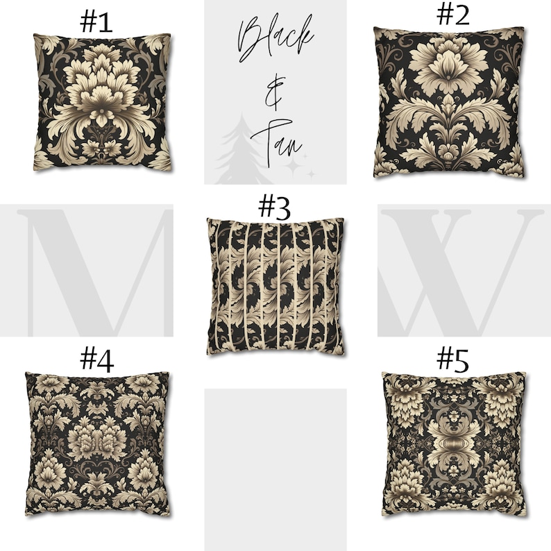 May include: Five different throw pillow designs with black and tan damask patterns. The pillows are numbered 1 through 5.