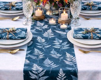 Summer Table Runner | Dark Blue and White Fern Leaves Botanical Table Linens | Matching Cloth Napkins | Coastal Dining Table Decor