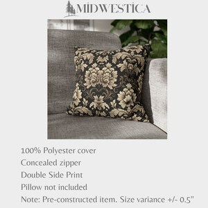 May include: A black and gold decorative pillow cover with a damask pattern. The cover is made of 100% polyester and has a concealed zipper. The pillow insert is not included. "Double Side Print" and "Note: Pre-constructed item. Size variance +/- 0.5" are printed on the image.