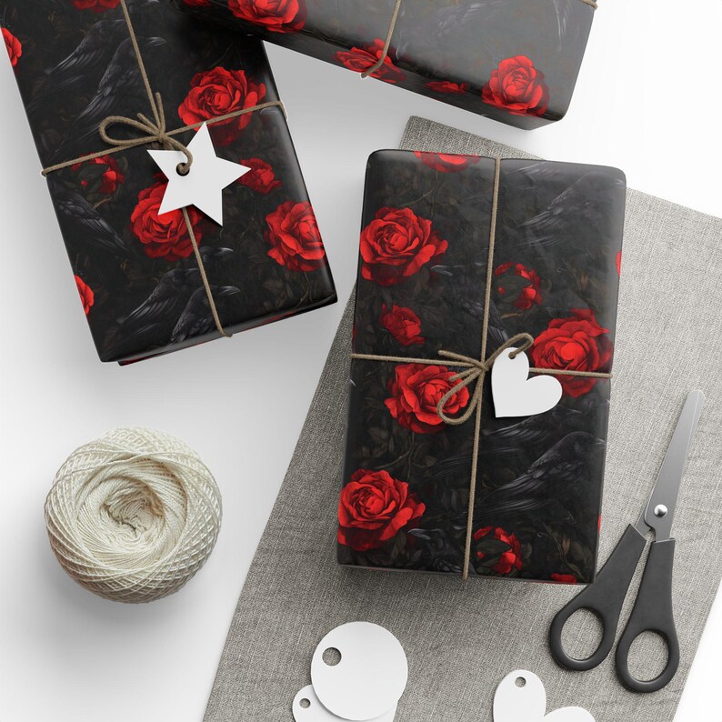 Wrapping Paper Black Crows and Red Roses Gothic Gift Wrap Anniversary Valentines Love Themed Papers Moody Gift Wrap Dark Special Occasion image 2