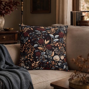Fall Pillow Botanical Berries, Burgundy Blue and Golds, Traditional Decor, Floral Pillow Covering, Fall Living Room Decor, Victorian Decor