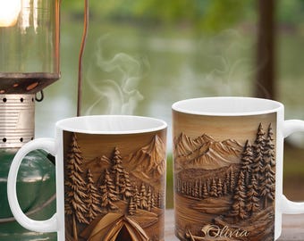 Personalized Camping Mug Gift For Him Custom Coffee Cup Gift For Her Rustic Wood Carved Mountain Pine Tree Cup Mountain Mug