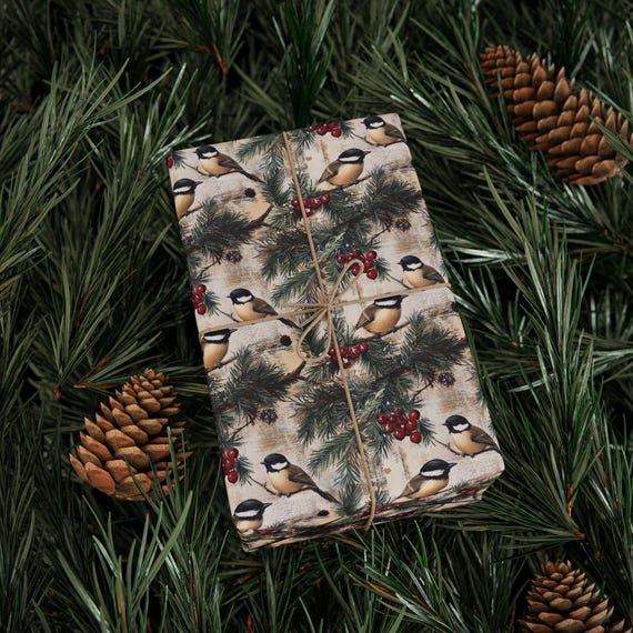 Christmas Bird Chickadee Rustic Christmas Wrapping Paper, Vintage Winter Holiday Gift Wrap Roll, Xmas Gift Wrap Seasonal Farmhouse Gift Wrap