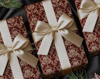 Luxury Red Damask Victorian Wrapping Paper | Elegant Holiday Gift Wrap | Vintage Baroque Christmas Paper | Classy Burgundy Gift Wrap Sheet