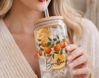 Personalized Orange Sipper Glass 16oz | Custom Glass Can with Straw | Oranges Decor | Fruit Decoration Glass Cup