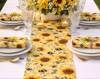 Sunflower Bumble Bee Vintage Floral Table Runner | Spring Summer Fall Table Runner | Matching Cloth Napkins | Yellow Country Table Linens
