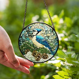 Blue Jay Stained Glass Suncatcher for Window Hanging Decoration Suncatcher Gift Window Decor Art Winter Decor For Bird Lovers Gift