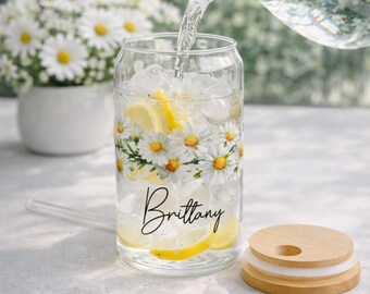 Personalized Daisy Floral Sipper Glass with Straw | 16oz | Custom Glass Can | Personal Party Glasses | Daisies Flower Pattern |