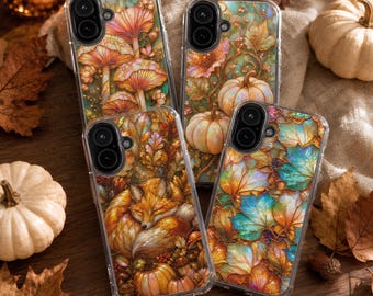 MagSafe Clear iPhone Case | Stained Glass Inspired Iridescent Woodland Fox, Mushroom, Pumpkin or Autumn Leaves | iPhone 17, 16, 15, 14