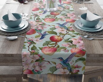 Spring Table Runner | Apple Blossom & Hummingbird Table Runner | Pink Blue Vintage Style Pattern | Garden Party | Matching Cloth Napkins