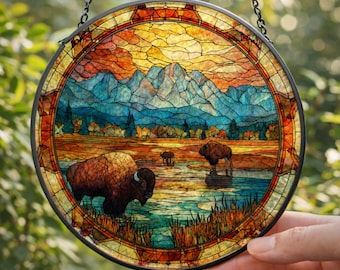 Buffalo Stained Glass Suncatcher Window Hanging Ornament Bison Decor Wyoming & Montana Western Scenery Sunset Mountains