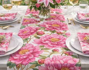 Pink Peony Floral Table Runner Matching Cloth Napkins | Spring Table Setting | Garden Party Luncheon | Bridal Shower Decor