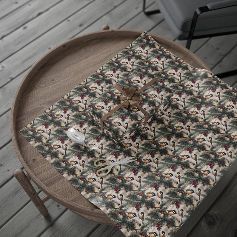 Christmas Bird Chickadee Rustic Christmas Wrapping Paper, Vintage Winter Holiday Gift Wrap Roll, Xmas Gift Wrap Seasonal Farmhouse Gift Wrap image 6