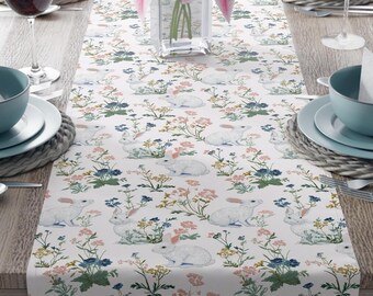 Easter Table Linens | Wildflowers and Bunnies Spring Floral Table Runner | Matching Cloth Napkins | Spring Table Decor