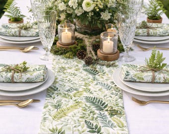 Watercolor Fern Leaves Table Runner | Botanical Dining Decor | Spring Summer Cottagecore Table Linen | Matching Cloth Napkins | Woodland