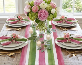 Pink Green Watercolor Striped Table Runner | Spring Table Runner | Matching Cloth Napkins | Bridal Shower Decor | Garden Party Luncheon
