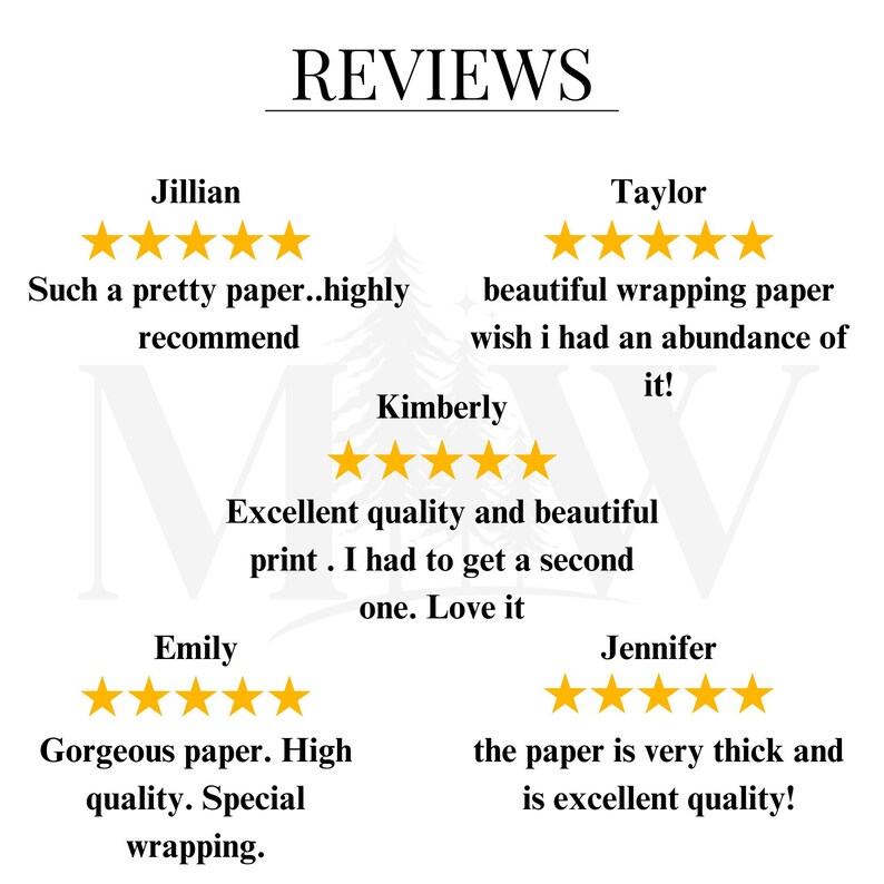 May include: A white background with the word "REVIEWS" at the top. Customer reviews are displayed with star ratings and comments. The reviews praise the quality and appearance of the wrapping paper.