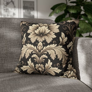 Black and Beige Damask Traditional Living Room Throw Pillow
