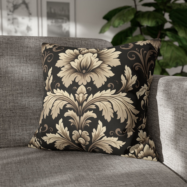 Black and Beige Damask Traditional Living Room Throw Pillow