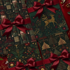 May include: Several wrapped gifts with dark green patterned paper and deep red satin bows. The patterns include nutcrackers, deer, and Christmas trees. The gifts are arranged on a red surface.