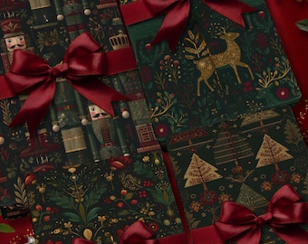Elegant Christmas Nutcracker Wrapping Papers, Dark Green and Burgundy Colors Evergreen Tree, Botanical Deer Holiday Matching Gift Wrap Roll