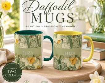 Personalized Name Mug Daffodil Vintage-Inspired Gift For Her Custom Coffee Cup March Birth Flower Gift Personal Birthday Bridal Party Favor