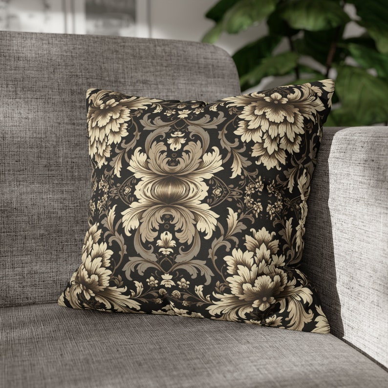 Black and Beige Damask Traditional Living Room Throw Pillow