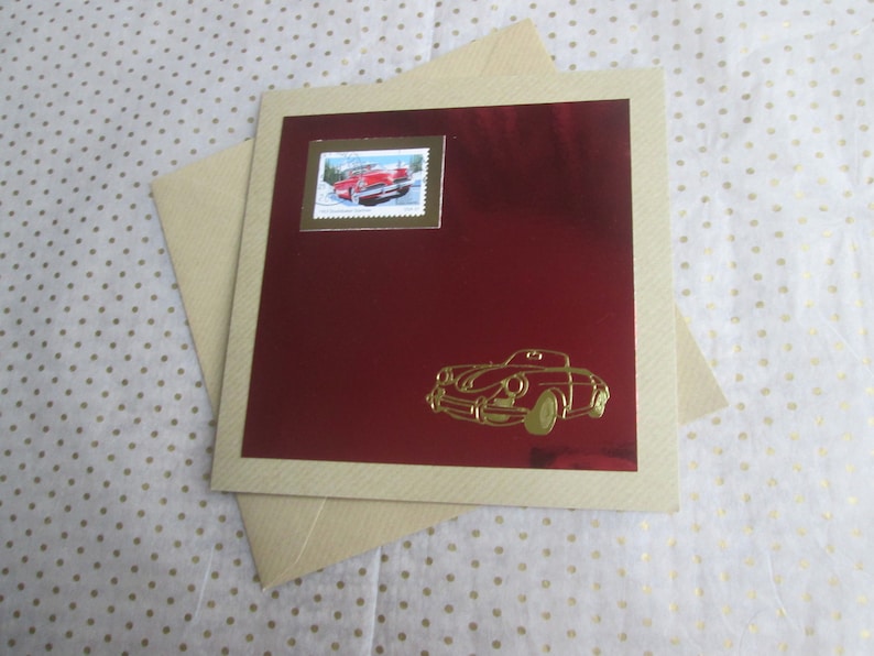 Handmade Brown and Red Square Greetings Card with a Vintage Car Postage Stamp
