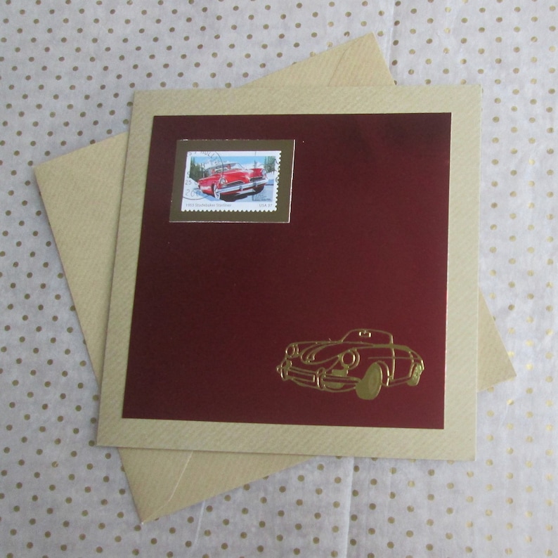 Handmade Brown and Red Square Greetings Card with a Vintage Car Postage Stamp
