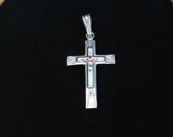 Rare Vintage Delicate Sterling Cross with White Enamel Inlay with Pink and Green Details