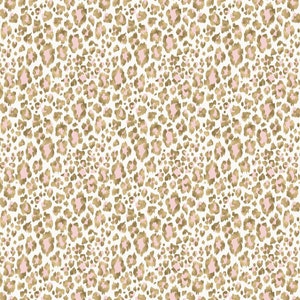Puede incluir: Un patrón sin costuras con un fondo blanco y un patrón repetido de manchas de leopardo doradas y rosadas.