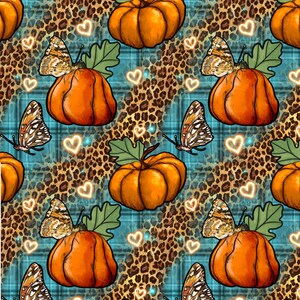May include: A seamless pattern featuring orange pumpkins with green leaves and butterflies on a blue and brown leopard print background.