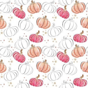 May include: A seamless pattern featuring pink and peach pumpkins with gold glitter accents on a white background.