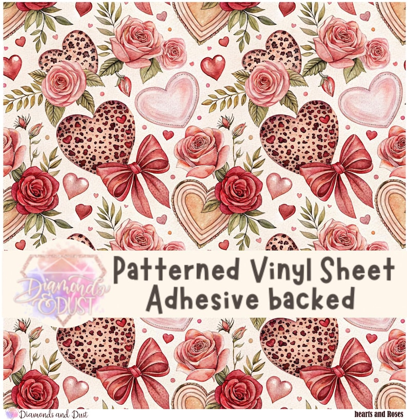 May include: Patterned vinyl sheet with a romantic design featuring hearts, roses, and bows in shades of red, pink, and beige. The sheet is adhesive-backed and suitable for various craft projects.