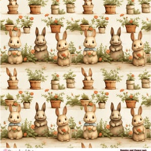 Könnte beinhalten: Ein nahtloses Muster mit braunen Kaninchen, die orangefarbene Blumen halten, umgeben von grünen Pflanzen in braunen Töpfen. Der Hintergrund ist hellbeige. Der Text "Bunnies and Flower pots" befindet sich am unteren Rand des Bildes.
