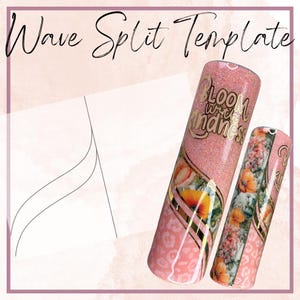 Può includere: Due bicchieri rosa glitterati con disegni floreali e leopardati. Un bicchiere ha il testo "Bloom with Kindness" in oro. Sullo sfondo un modello bianco con un motivo a onda. Il testo "Wave Split Template" è in alto.