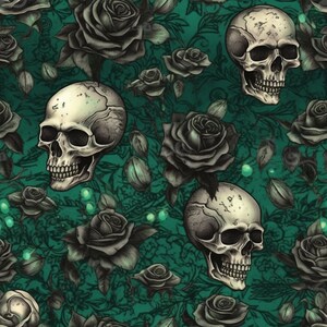 May include: A seamless pattern featuring black roses and white skulls on a green background. The design is perfect for fabric, wallpaper, or other decorative projects.