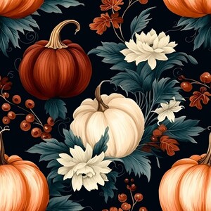 May include: A dark background with a pattern of pumpkins, flowers, and leaves. The pumpkins are orange and white, and the flowers are white with green leaves. The leaves are green and brown.