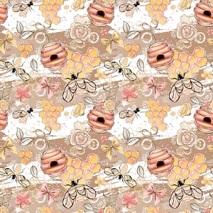 May include: A seamless pattern featuring pink and gold beehives, bees, honeycombs, bows, and flowers on a white background. The pattern is perfect for fabric, wallpaper, or wrapping paper.