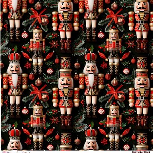 May include: A seamless pattern featuring a repeating design of nutcracker figurines, red and green holly sprigs, and gold and red ornaments on a black background. The nutcrackers are dressed in traditional red and gold uniforms with black hats and white beards. The pattern is festive and whimsical, perfect for holiday crafts and decorations.
