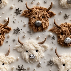 Könnte beinhalten: Eine Sammlung von sechs flauschigen, weißen und braunen, handgefertigten Highland-Kuh-Ornamenten. Die Ornamente sind auf einem weißen Hintergrund mit Schneeflocken-Akzenten angeordnet.