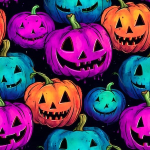 May include: A seamless pattern of colorful jack-o'-lantern faces with various expressions. The pumpkins are in shades of orange, purple, blue, and green. The background is black.