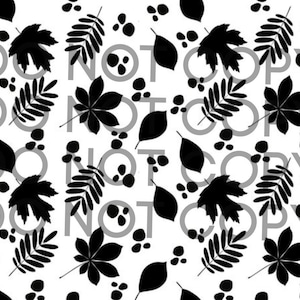 May include: Black and white seamless pattern featuring various leaf shapes and small circular elements. The design includes maple leaves, fern-like leaves, and other botanical forms, creating a natural, organic aesthetic. The pattern is set against a white background.