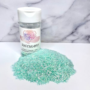 May include: A clear plastic jar filled with light green glitter with iridescent shimmer. The jar has a white lid and a label that says "Diamond Dust" and "Succulent" in pink and white lettering. Premium Polyester Glitter.