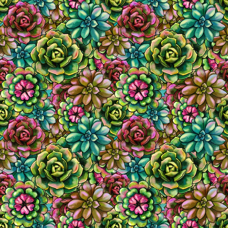 Peut inclure: Un motif sans couture repr&eacute;sentant une vari&eacute;t&eacute; de plantes succulentes dans des tons de vert, rose et marron. Les succulentes sont dispos&eacute;es en gros plan, se chevauchant, cr&eacute;ant un design vibrant et textur&eacute;.