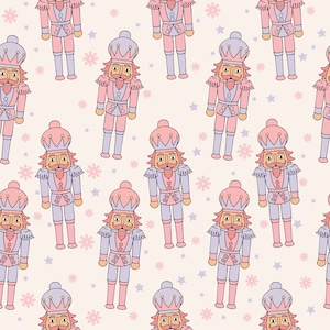 Puede incluir: Un patrón sin costuras con soldados cascanueces rosas y morados con estrellas y copos de nieve blancos sobre un fondo rosa claro.