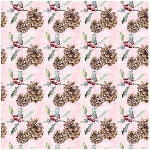 May include: A seamless pattern featuring watercolor illustrations of pine cones and holly sprigs on a pink background. The pine cones are brown and the holly sprigs have green leaves and red berries.