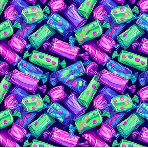 May include: A seamless pattern of colorful wrapped candies with polka dots on a dark blue background. The candies are in shades of green, purple, pink, and blue.