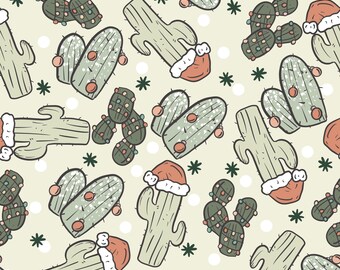 May include: A seamless pattern featuring green cacti with red Santa hats and white snow. The cacti are decorated with colorful lights and are set against a light green background with white polka dots.