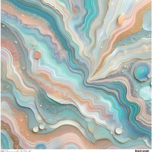 May include: Abstract art print featuring a blue, pink, and gold agate geode with a glittery texture. The print is titled "Beach Geode" and is by the artist "Diamonds & Dust".